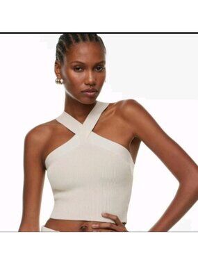 Babaton Sculpt Knit Cross Crop Top 2XL White NWT Aritzia Halter Ribbed